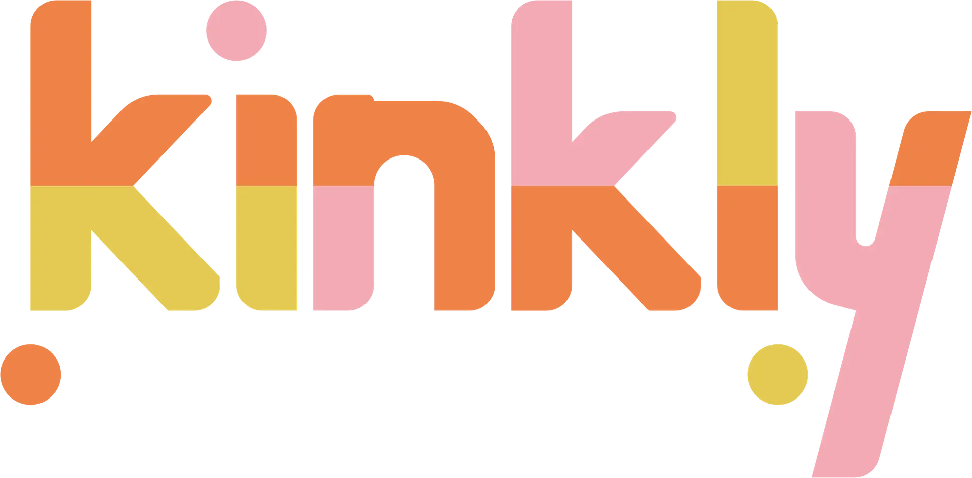 The Kinkly logo, featuring the word "kinkily" in bold, stylized letters. The text is composed of three colors: orange, yellow, and pink. The "k" and "i" are primarily orange with yellow bases, the "n" and "k" in the middle are orange with pink accents, and the "l" and "y" are pink with orange and yellow highlights. Small circular dots in orange and yellow are placed above the "i" and below the "y,"