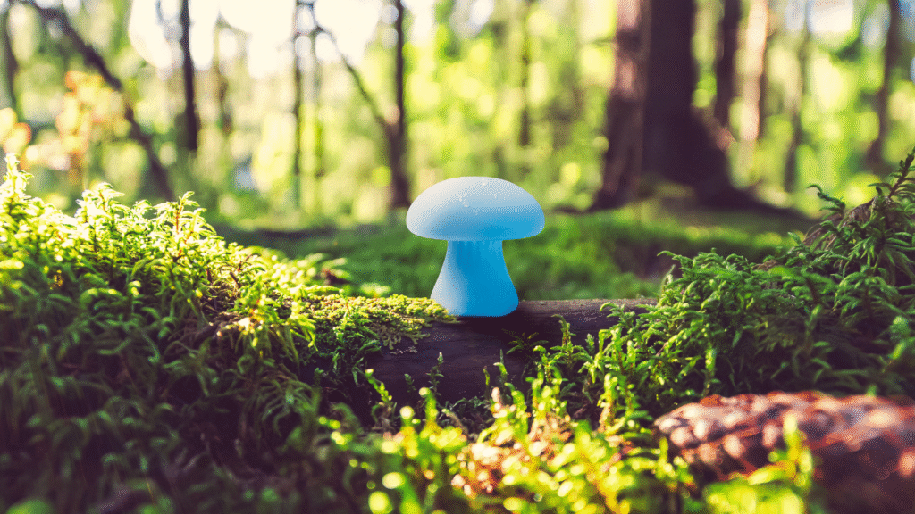 Small, pale blue, mushroom-shaped object rests on a mossy log in a sun-dappled green forest environment.